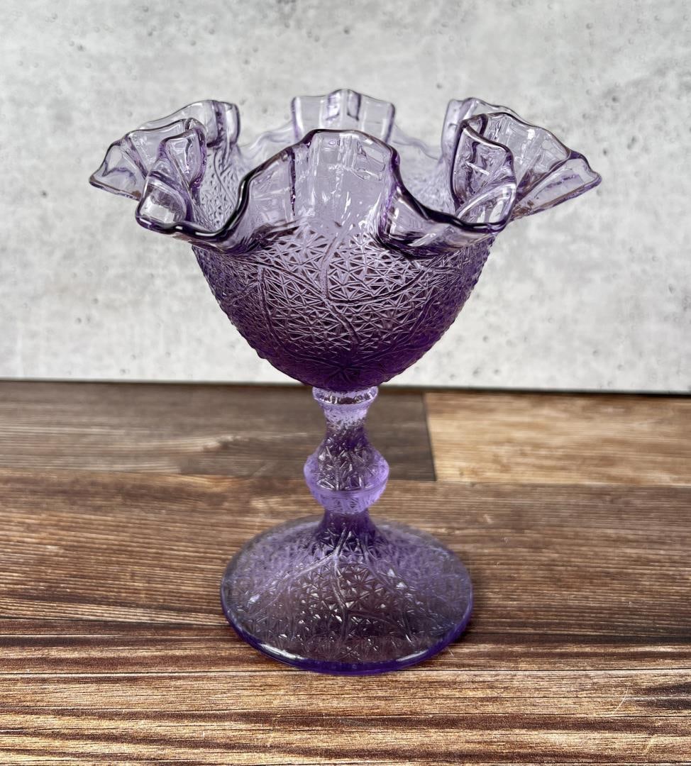 Fenton Glass Lavender Wisteria Tree Of Life Dish: 6 3/4" tall by 6 1/4" in diameter.