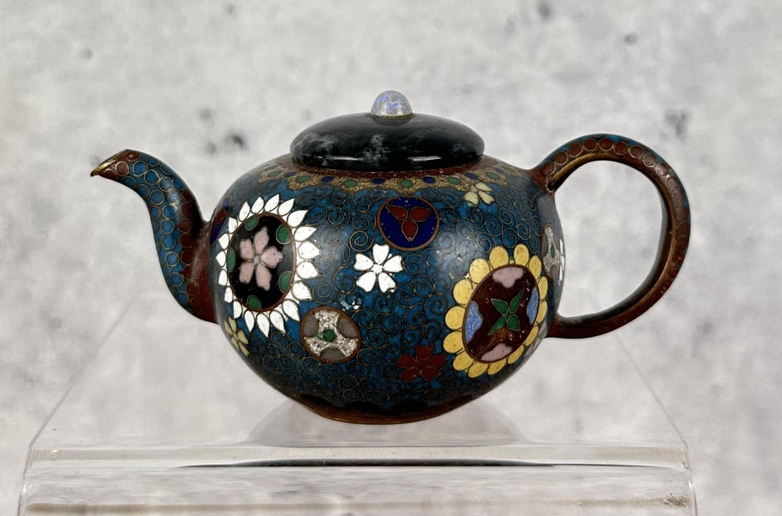 Antique Japanese Cloisonne Miniature Teapot: 2 1/2" tall by 3 1/4" long.