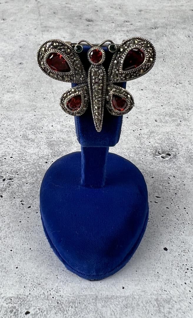 Sterling Silver Garnet Butterfly Brooch: 1 1/2" by 1 1/4"