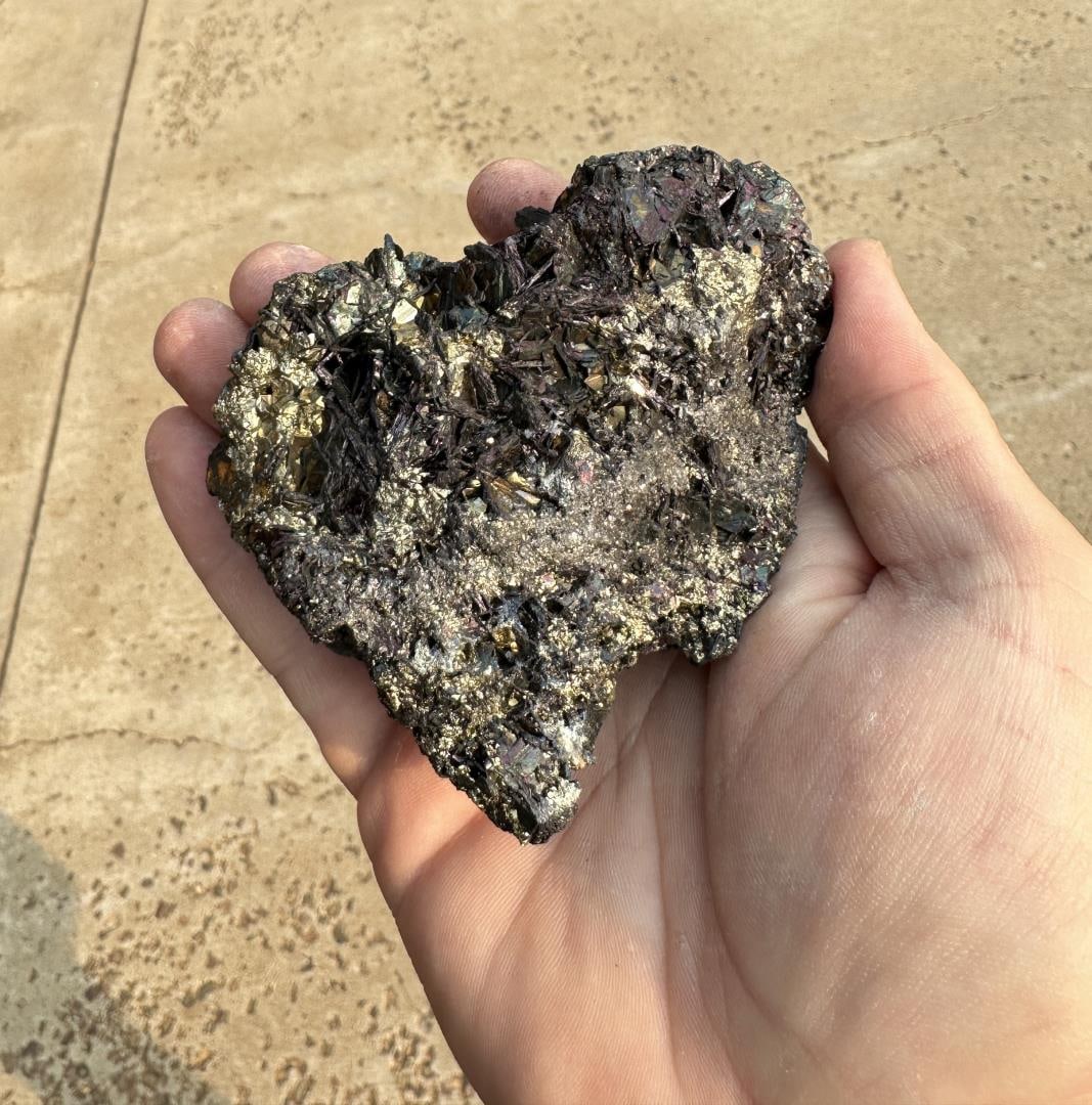 Golden Covellite Steward Mine Butte Specimen: Butte Montana. 3 5/8" by 3" by 1 5/8". 447 grams. Provenance: From the Estate of Kitty's Copper Shop Butte Montana.