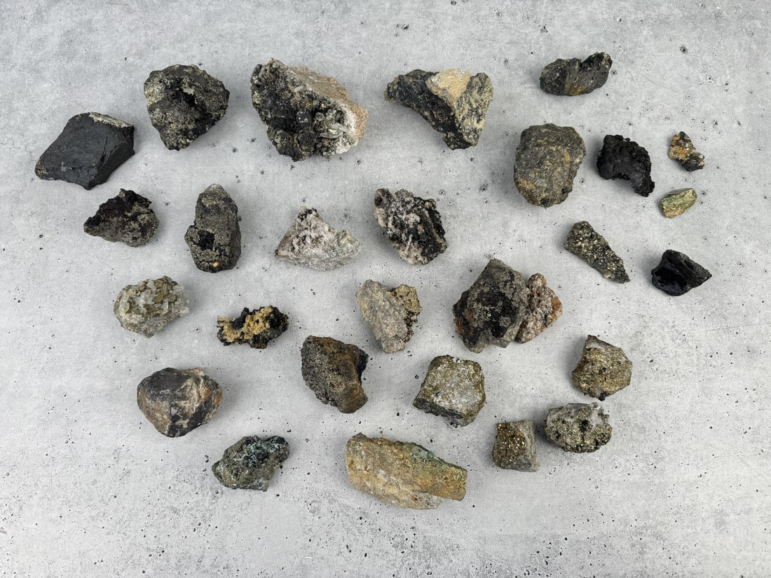 Enargite Pyrite Bornite Butte Montana Specimens: Nice grouping. Provenance: From the Estate of Kitty's Copper Shop Butte Montana.