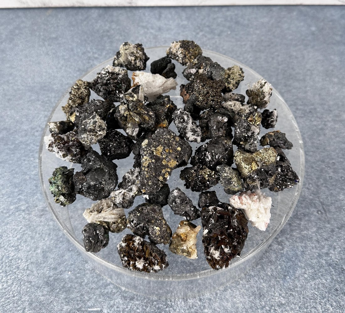 Enargite Pyrite Bornite Butte Montana Specimens: Nice grouping. Provenance: From the Estate of Kitty's Copper Shop Butte Montana.