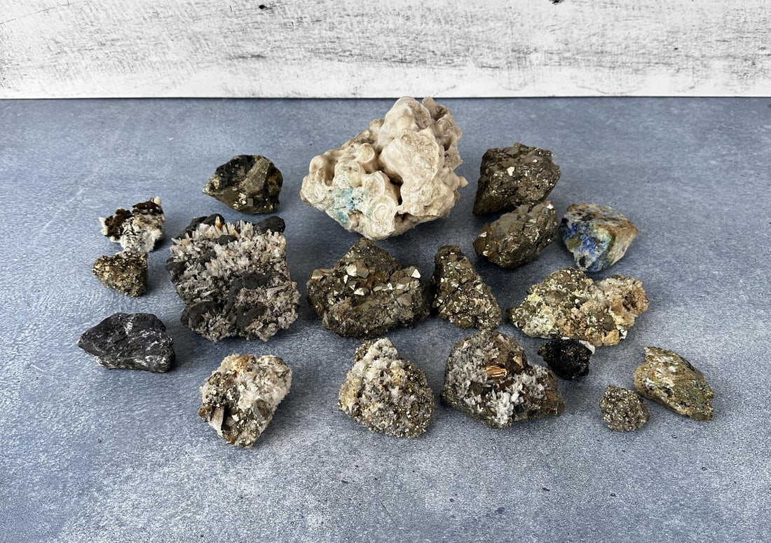Enargite Pyrite Bornite Butte Montana Specimens: Nice grouping. Provenance: From the Estate of Kitty's Copper Shop Butte Montana.