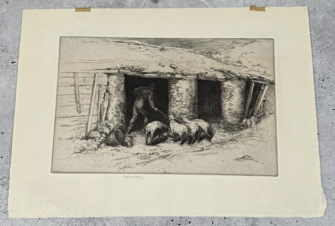 George Marples Sheepfarmer Engraving: Signed. 12 3/4" by 9". Etcher, painter and writer on ornithology; born in Derby and studied at the art school there, later at the Royal College of Art, ?cole des Beaux-Arts, Paris, and ?cole Arts Deco