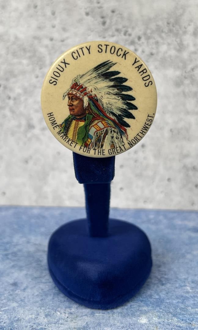 Sioux City Stock Yards Celluloid Photo: Sioux City South Dakota. 1 5/8" diameter.