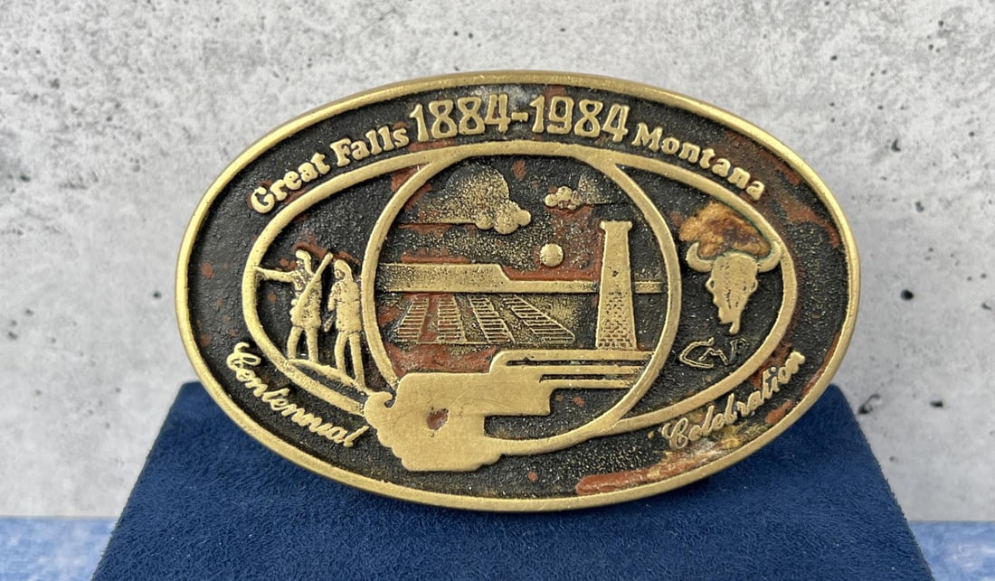 Great Falls Montana Belt Buckle: 2 1/8" by 3 1/4".
