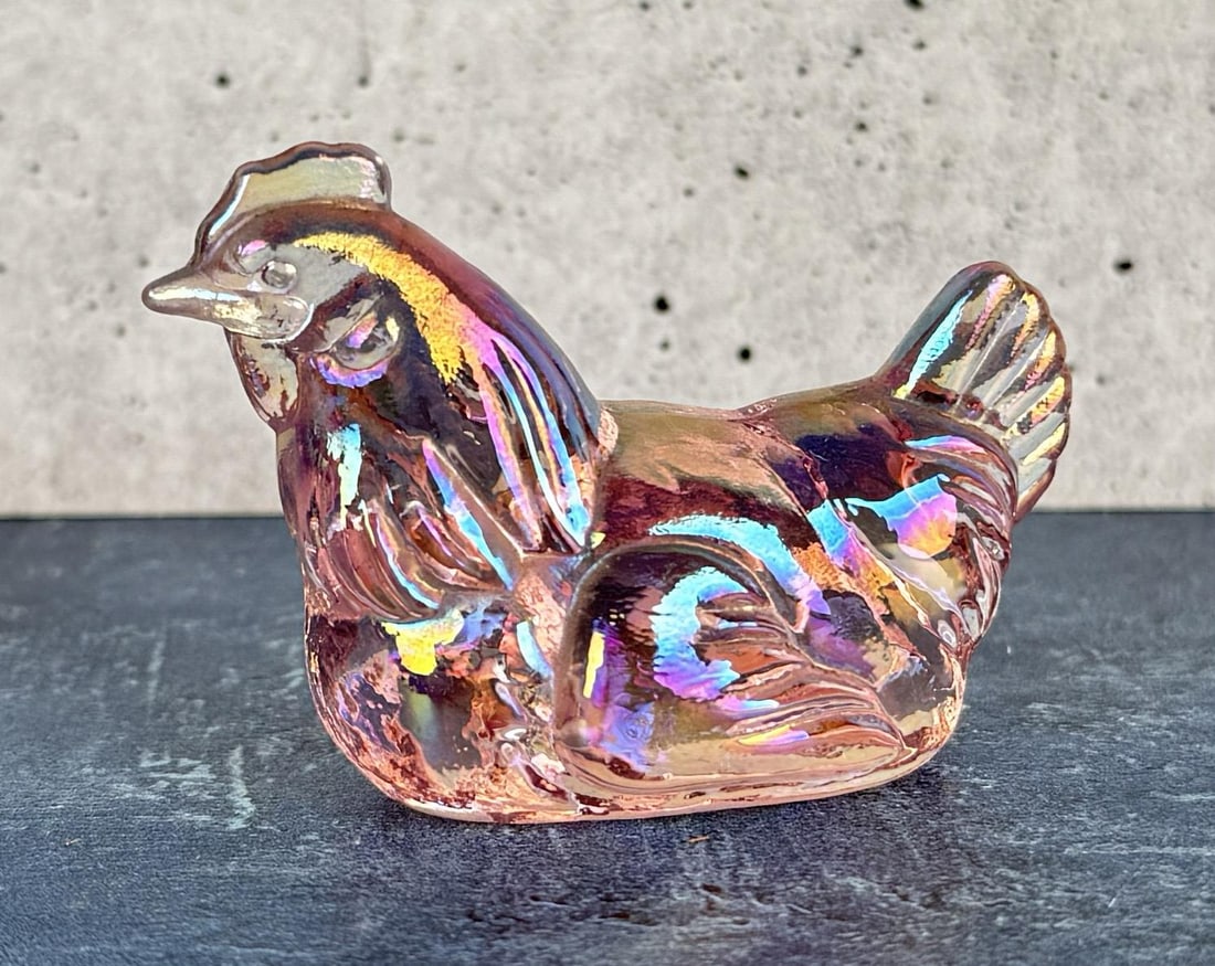 Fenton Glass Iridescent Hen Paperweight: 2 1/8" by 1 3/4" by 1 3/8".