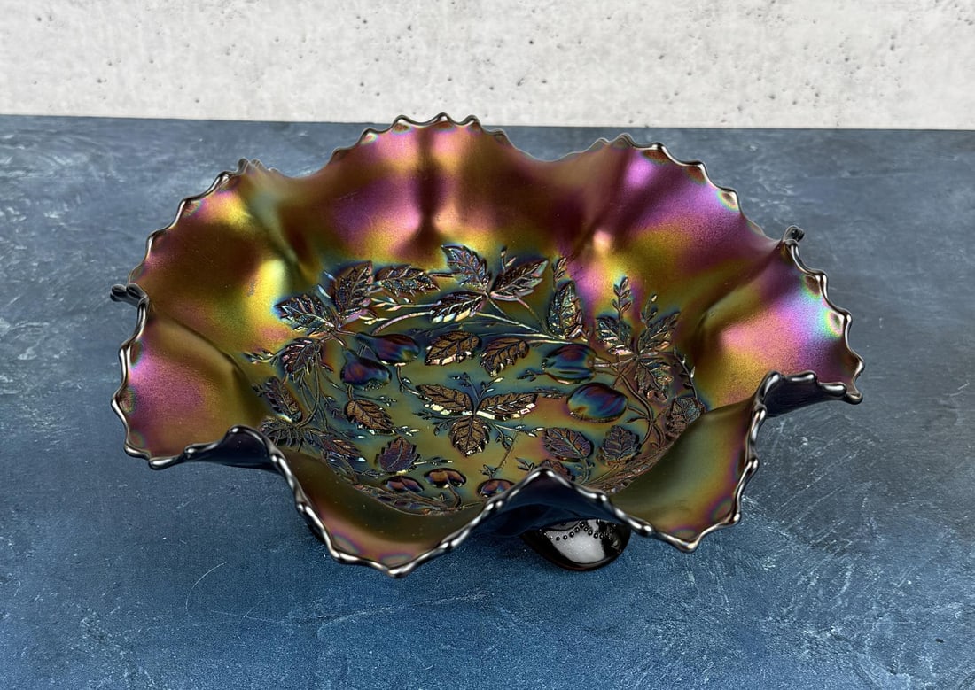 Northwood Three Fruit Carnival Glass Bowl: 8 3/8" diameter, 3 1/2" tall.