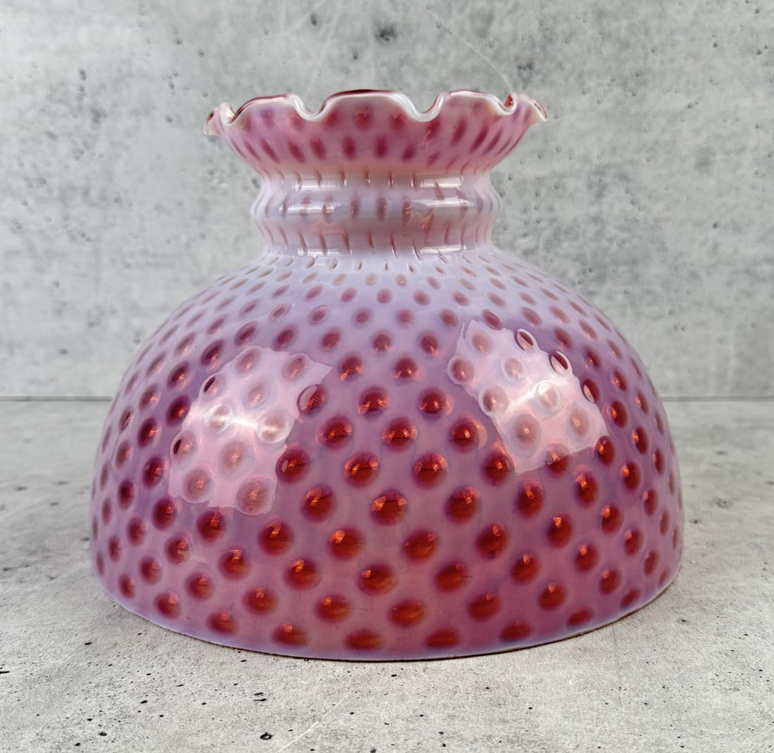 Antique Cranberry Coin Dot Opalescent Lamp Shade: 7" tall by 9 3/4" in diameter.