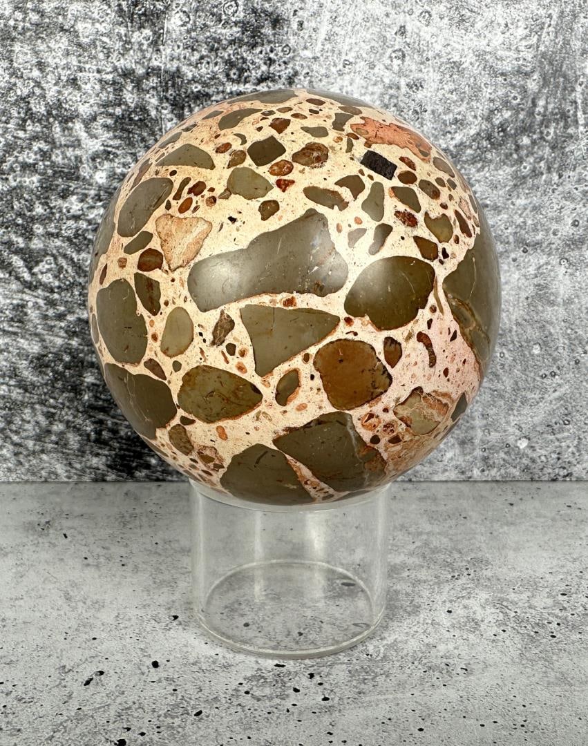 Leopardite Jasper Sphere: 3 3/4" in diameter.