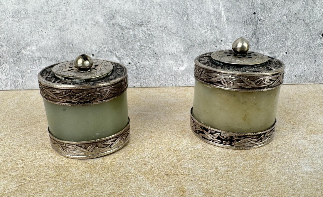 Antique Chinese Jade Archer Ring Silver Salt: Salt and Pepper Pots. 1 1/2" tall by 1 1/4" in diameter. Silver XRF tested to 91 1/2% pure.