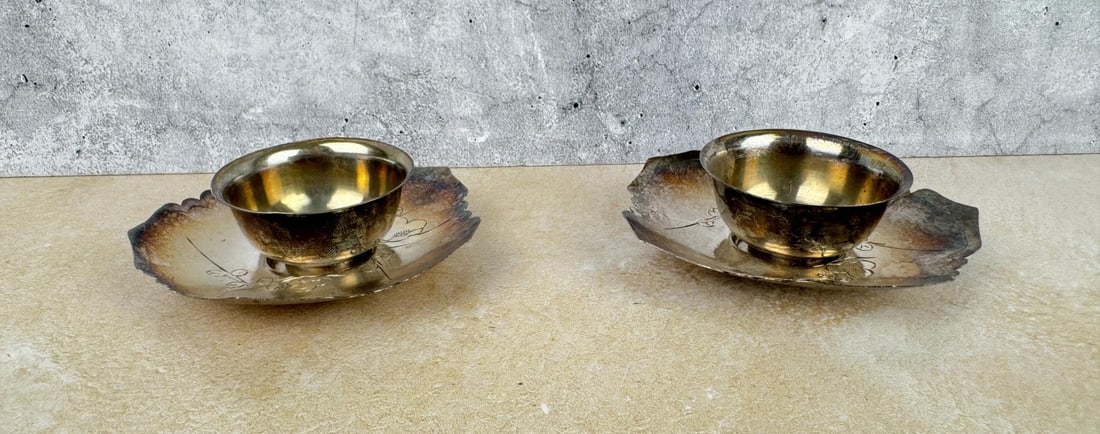 Japanese Export Sterling Silver Tea Cups & Saucers: Two sets. Saucers measure 3 1/2" in diameter. 117.4 grams total weight.