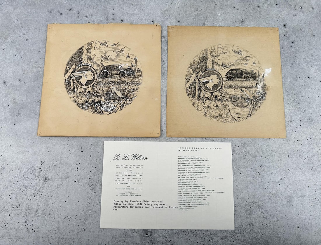 Theodore Glahn Colt Engraver Pontiac Car Drawings: Two pen and ink works by Theodore Glahn of Liverpool, New York featuring different designs for the Chief Pontiac automobile logo. Each measures 8 1/4" by 8". Theodore Glahn was a well respected engrav