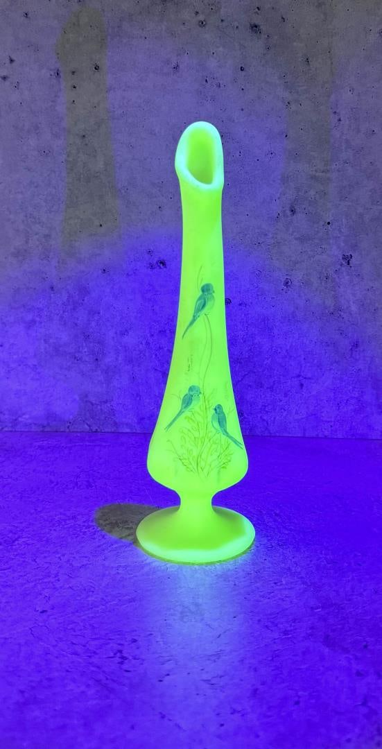 Fenton Glass Uranium Painted Swung Bud Vase: 8 1/4" tall by 2 1/4" in diameter at the base.