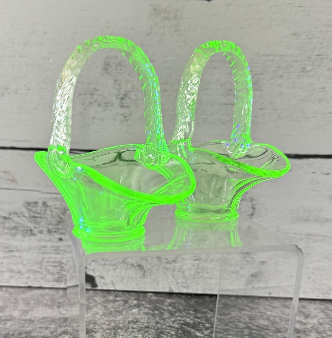 Pair Of Uranium Vaseline Glass Baskets: Each piece 3 1/2" by 3 1/2".