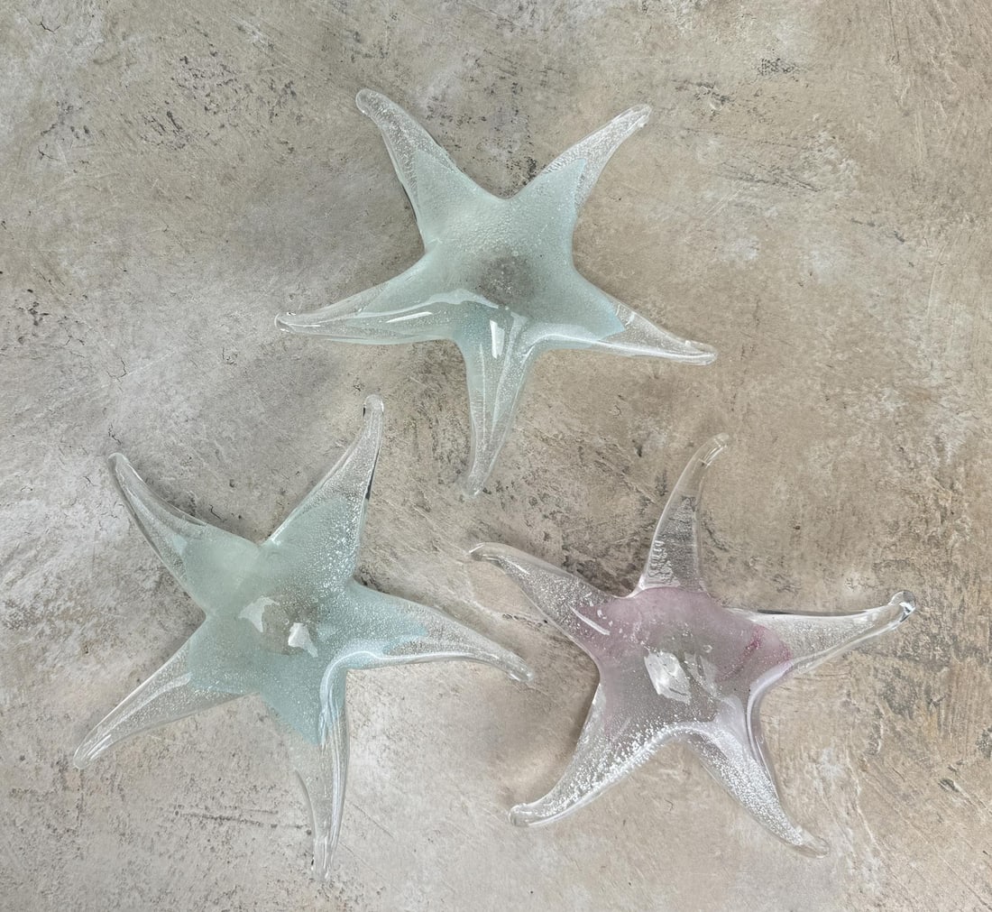 Art Glass Starfish: Lot of three, 6 3/4" by 6 1/2". All three laid out are 20" across.