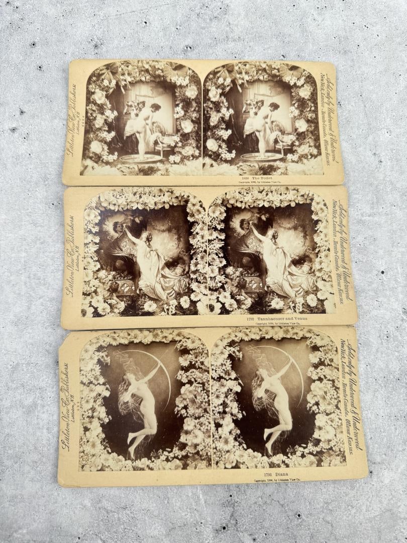 1896 Littleton View Co Risque Nude Stereoviews: Three total. Number 1793 Diana, Number 1838 The Toilet, 1792 Tannhaeuser And Venus