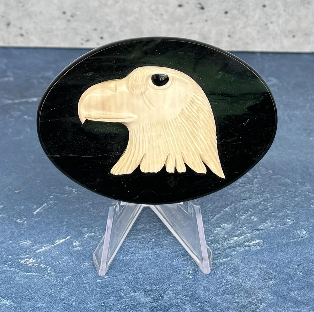 Alaskan Eskimo Inuit Carved Jade Belt Buckle: Walrus material on Alaskan jade. 3 1/4" by 2 1/4".