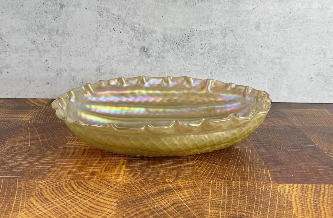 Loetz Melon Ribbed Iridescent Art Glass Bowl: 12 1/2" long by 9 3/4" wide by 3" high