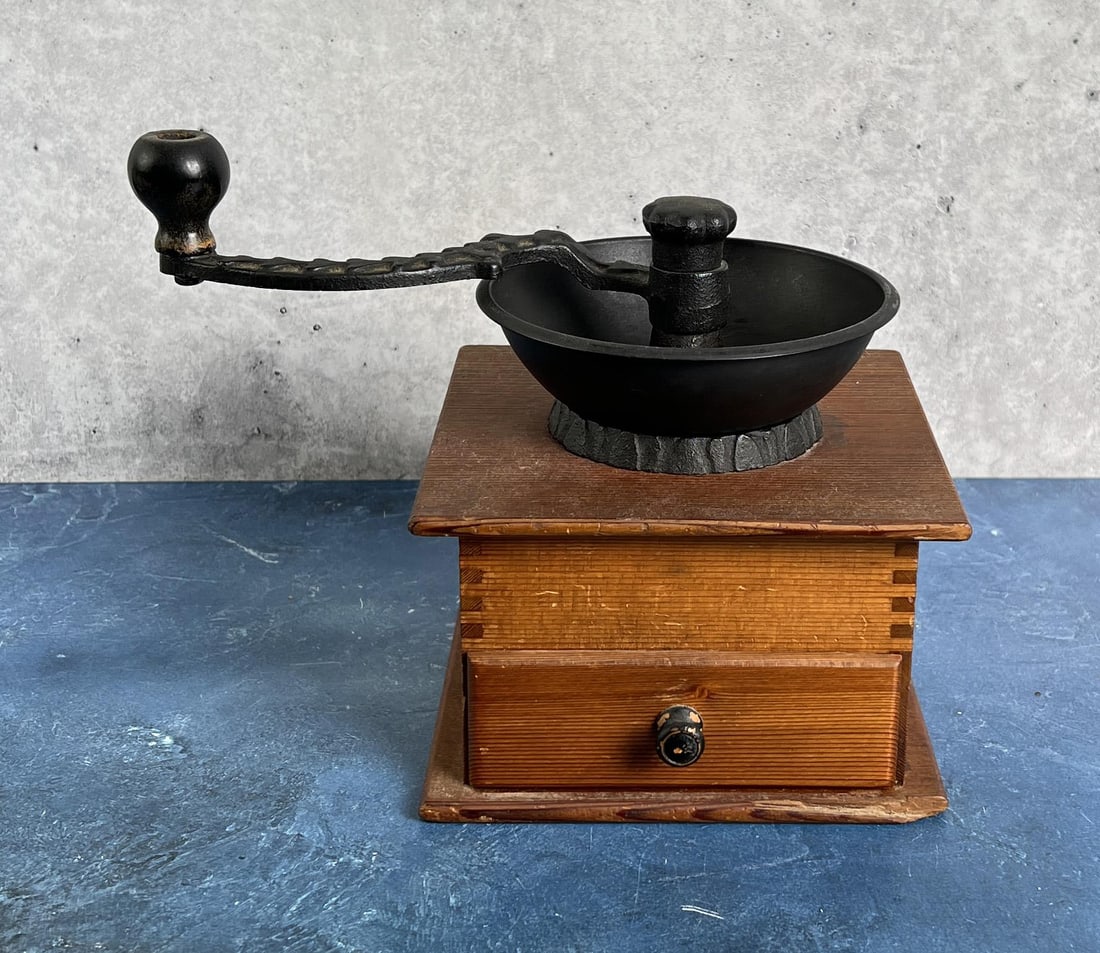 Cast Iron Wood Coffee Grinder: 10 5/8" by 8 1/4" by 7 1/4"