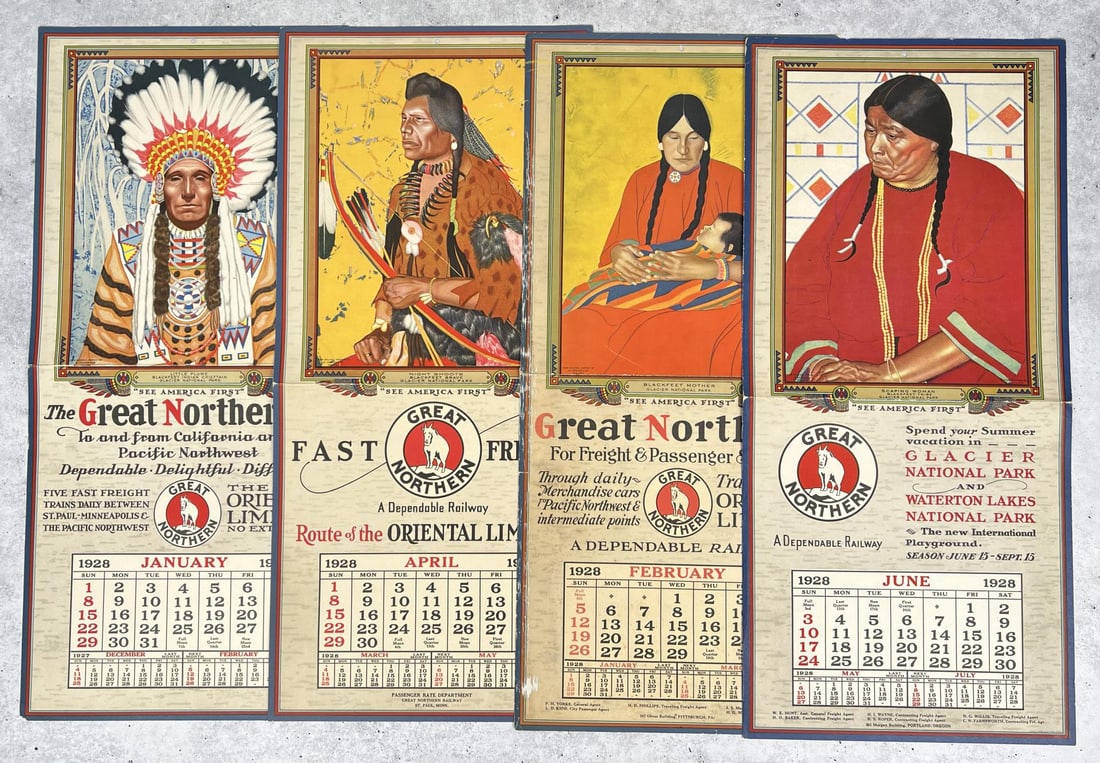 Great Northern Glacier National Park Calendars: Great Northern Railway. Glacier National Park Montana. Winold Reiss artist. 1928. 10" by 22".