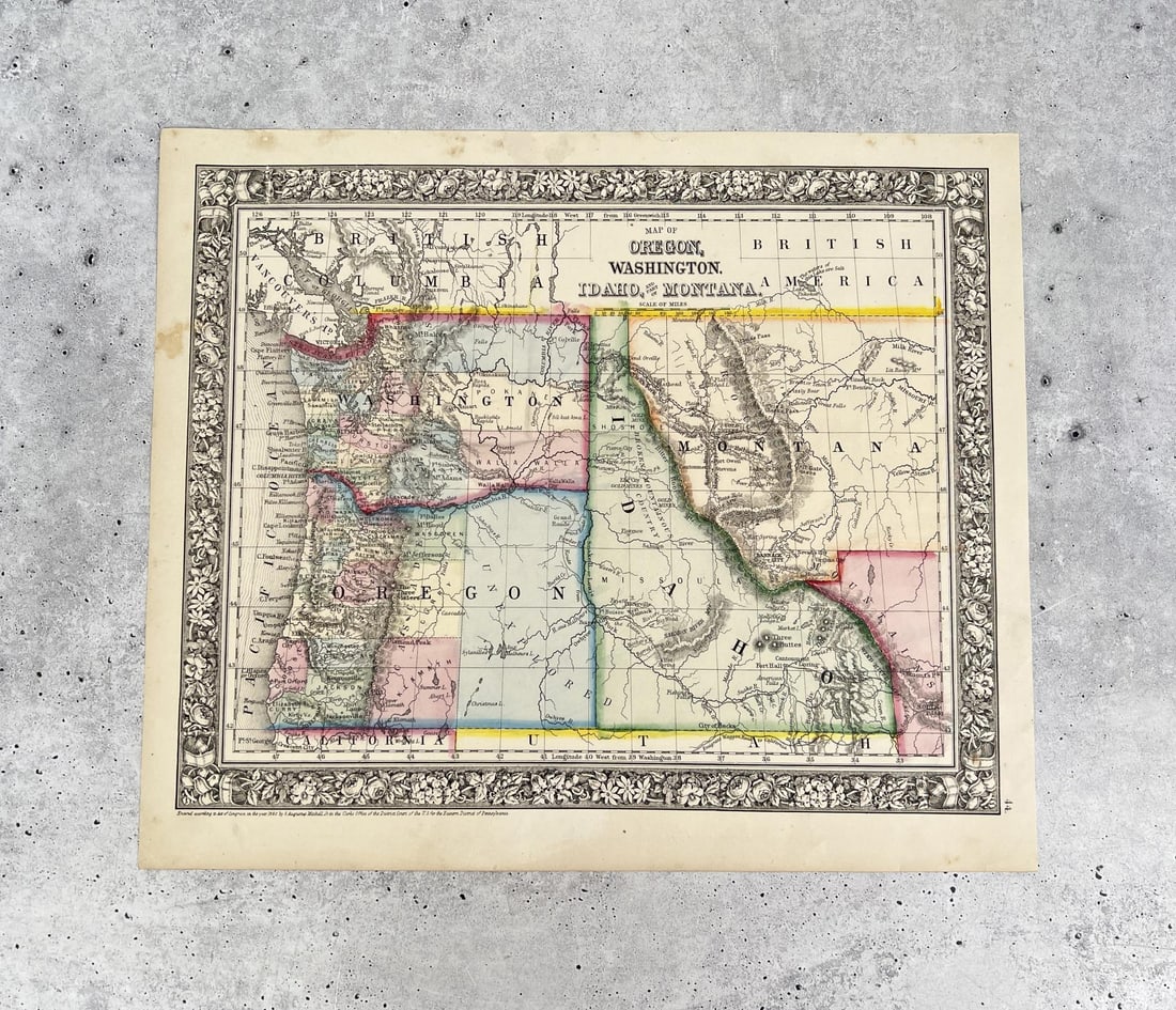 1860 Oregon Washington Idaho Montana Map: S. Augustus Mitchell Jr. 12 3/8" by 14 5/8"