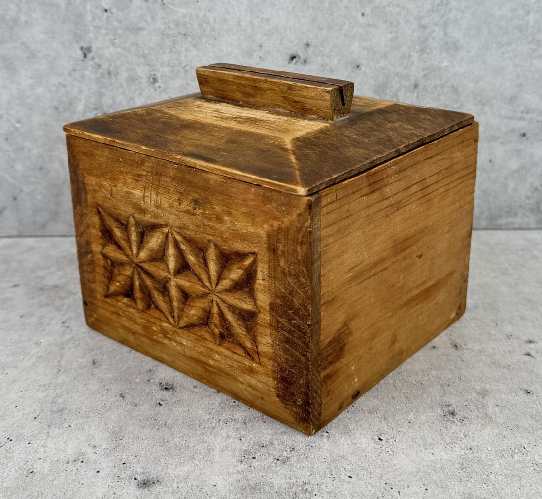 Antique Swedish Wood Lidded Box: 5 1/4" tall by 5 3/4" square.