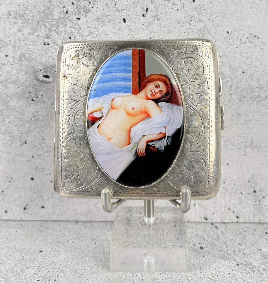 Continental Erotic Nude Sterling Cigarette Case: 3 3/4" by 3 1/4". MHM Hallmarked. As used by American Frontier Gamblers and Cowboys. 113.9 grams.