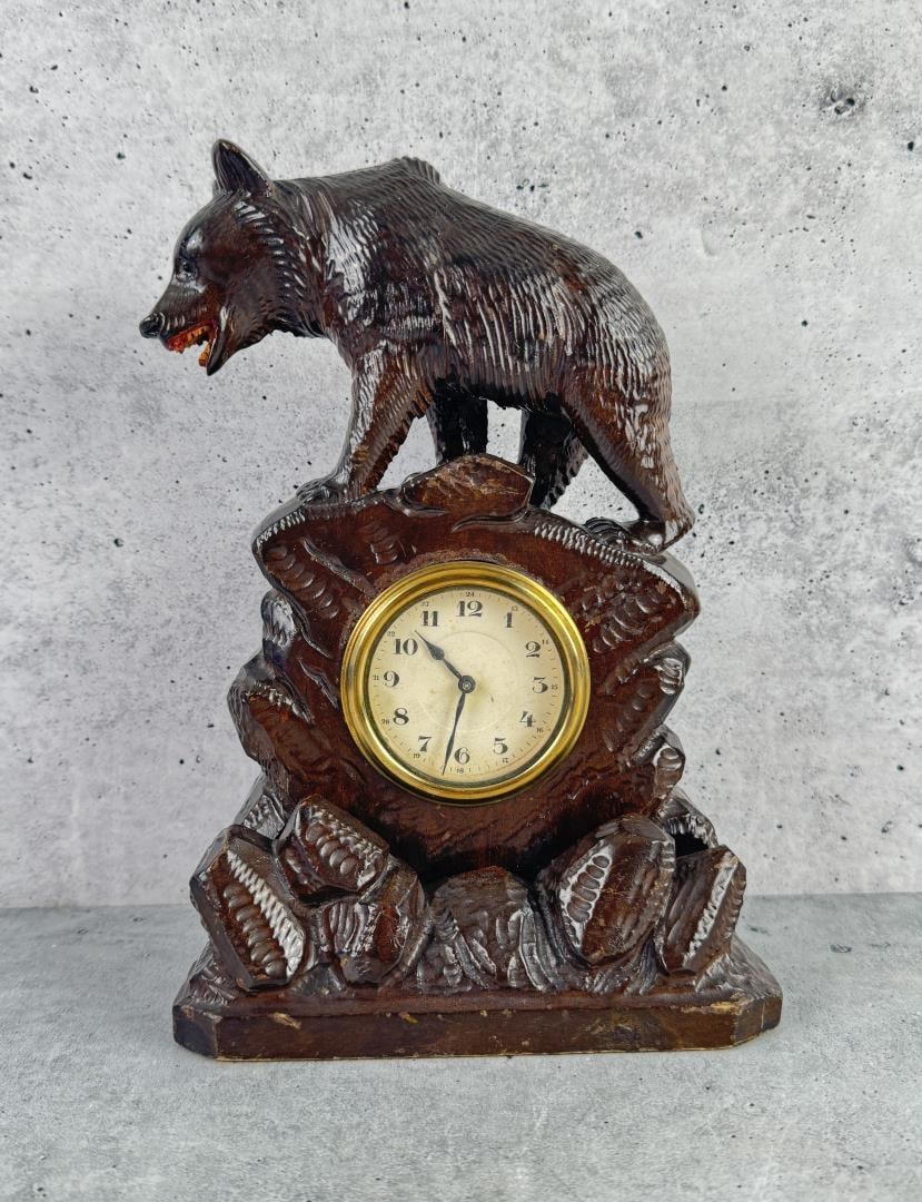 Black Forest Swiss Carved Wood Bear Clock: 8 1/2" tall by 6" wide. Untested. No winding key.