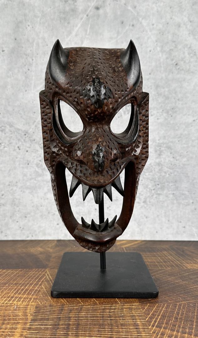 Filipino Carved Wood Bakunawa Demon Mask: 8" long by 4 1/4" by 2 1/4".