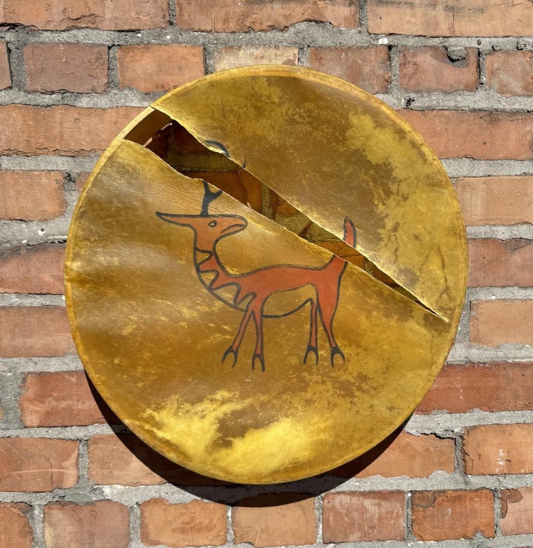 Native American Indian Antelope War Drum: 17" in diameter by 3" thick. Cover is split.
