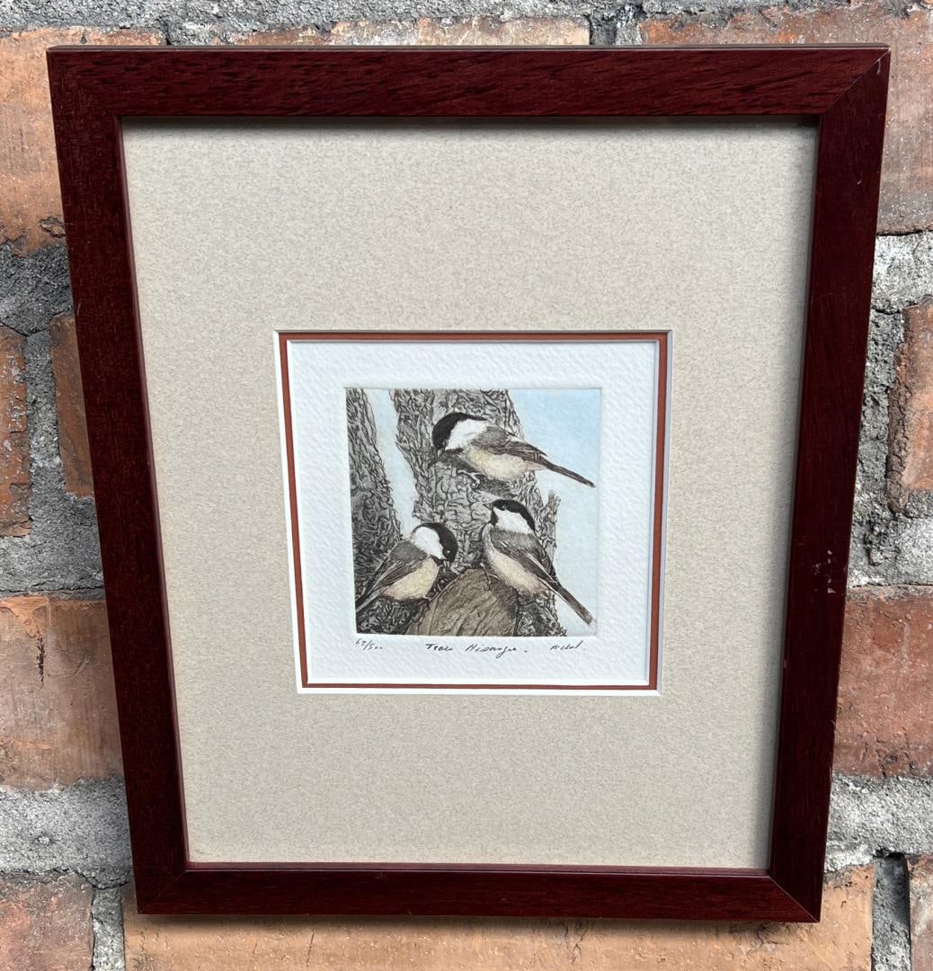 Three Chickadees Colored Etching (1 of 3)