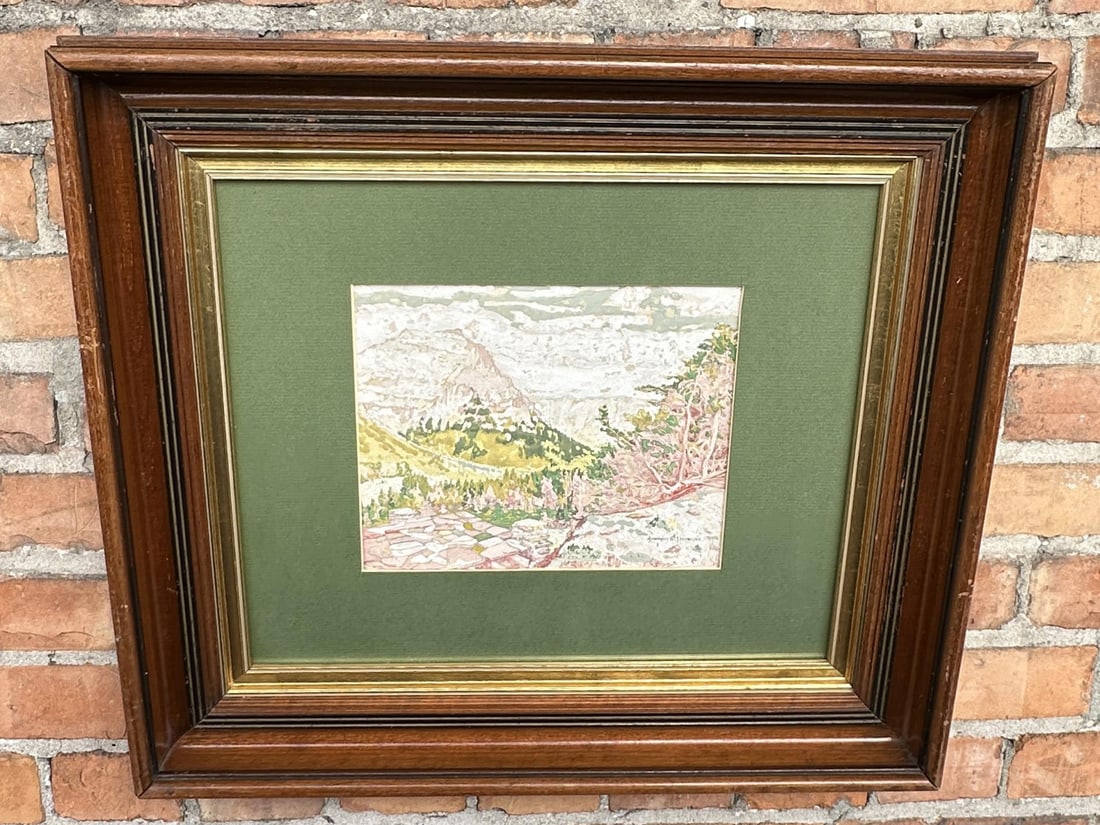 Branson Graves Stevenson Logan Pass Gouache: Gouache Watercolor Painting. Title is Logan Pass, Top O' The World Glacier National Park Montana. 20 1/4" by 23 1/8" framed. Branson Graves Stevenson (1901 - 1989) was active/lived in Montana. Branson