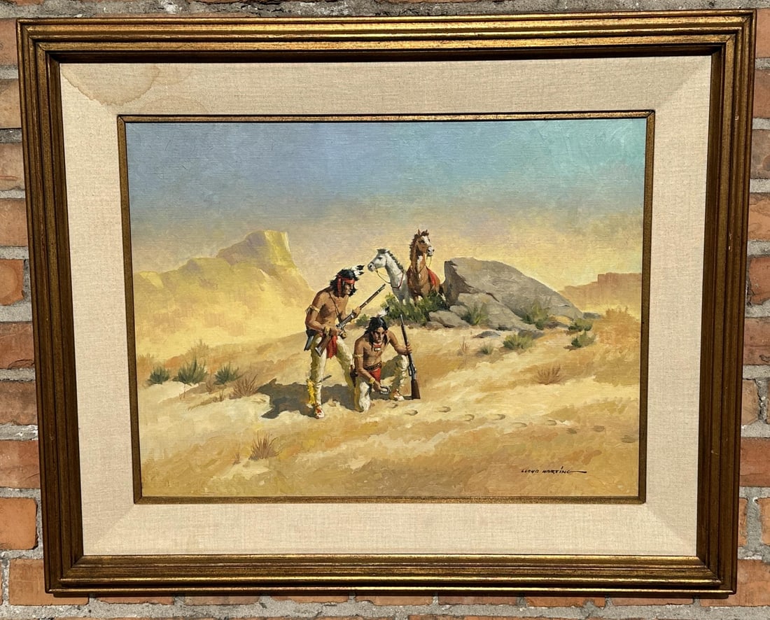 Lloyd Harting Native American Indian Painting: Title is Tracking the Buffalo. 27" by 32" framed. Lloyd Harting (1901 - 1974) was active/lived in California, Minnesota. Lloyd Harting is known for Illustration, animation, watercolor western scene pa