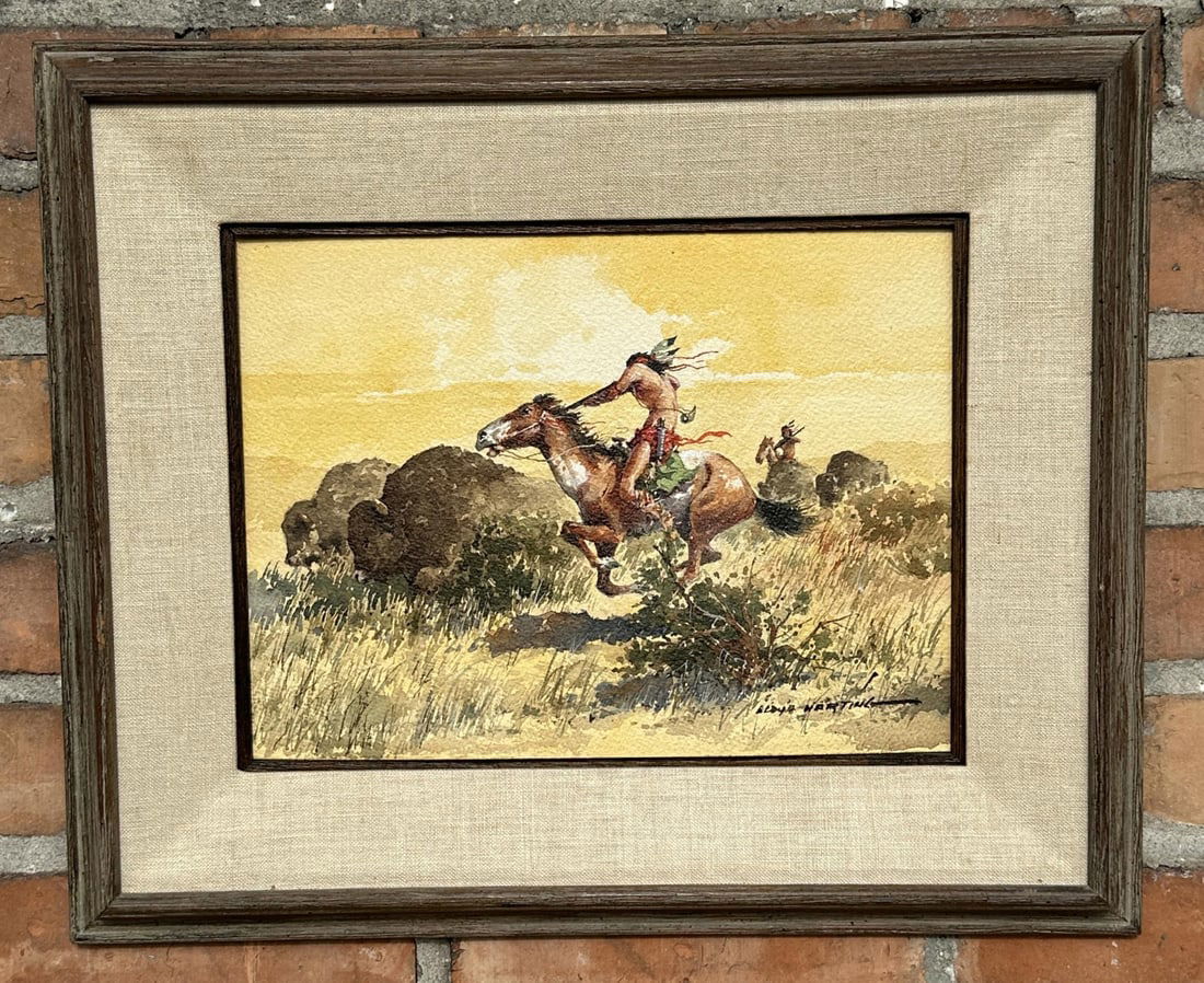 Lloyd Harting Buffalo Hunt Watercolor Painting: Title is Buffalo Hunt. 15" by 18" framed. Lloyd Harting (1901 - 1974) was active/lived in California, Minnesota. Lloyd Harting is known for Illustration, animation, watercolor western scene painting.