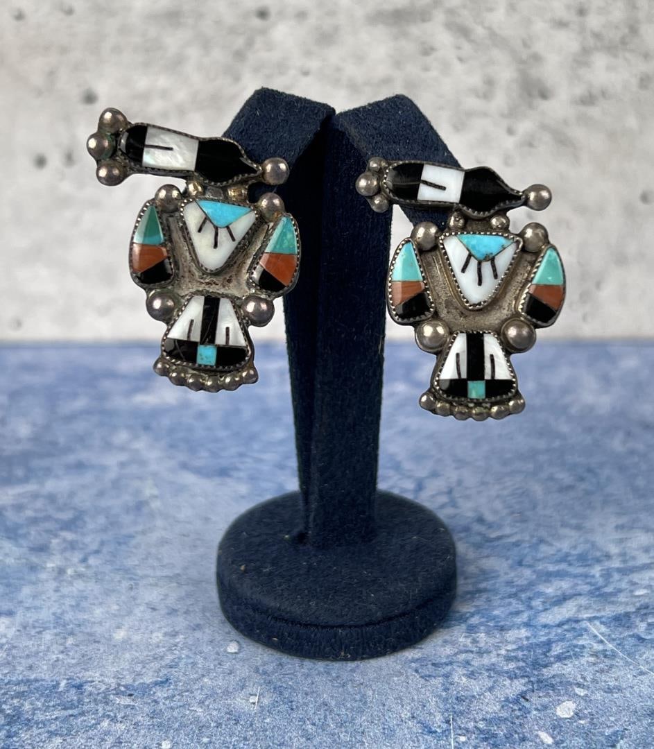 Lucy Ceshu & Teluli Tsabetsaye Magpie Earrings: Zuni Inlaid Sterling Silver. 1 1/8" by 3/4".