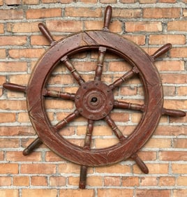 Antique Red Painted Wood Ship Steering Wheel