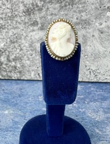 Victorian 10K Gold Seed Pearl Cameo Brooch