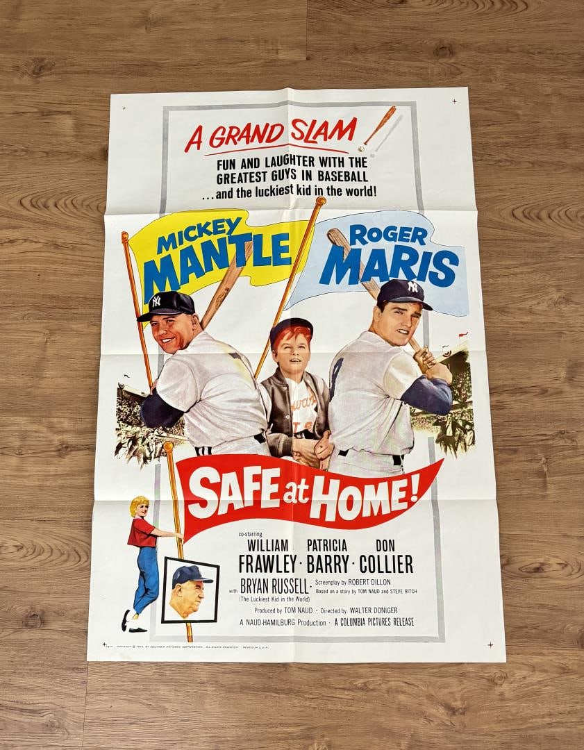 Safe At Home Movie Poster: Starring Mickey Mantle and Roger Maris. 41" by 27"