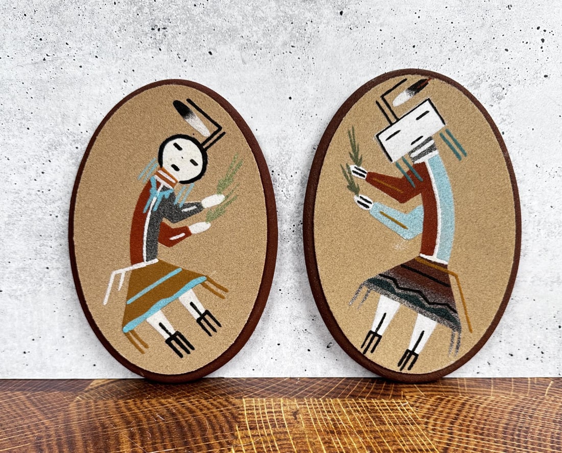 Navajo Indian Sand Paintings Artist Signed: Two total. & 1/4" tall by 5" wide.