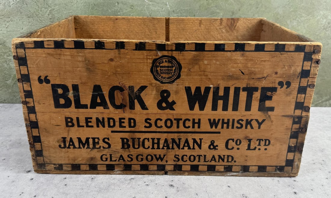 Black & White Scotch Whisky Wood Shipping Crate: 17 1/4" by 12" by 8 1/2".