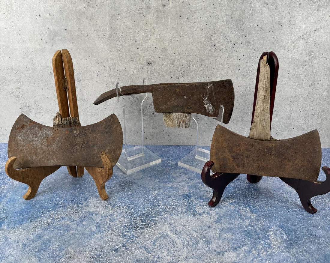 Group Of Axe Heads: Three total. Two unmarked doublebits, and a Collins pulaski.