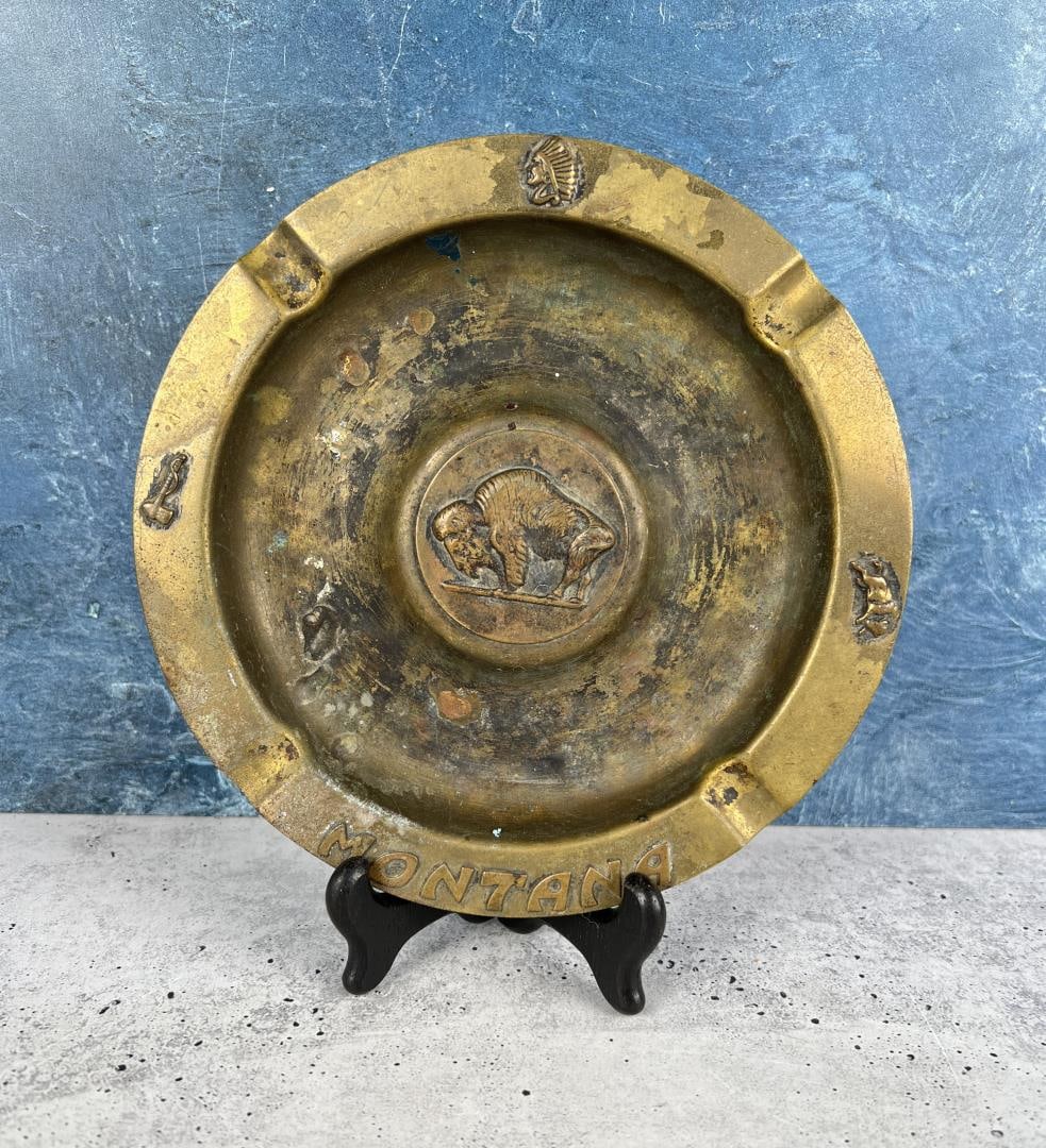Art Deco Montana Brass Ashtray Buffalo: 7 1/8" diameter.