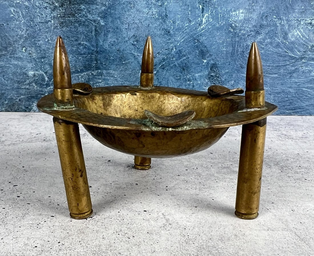 WWI WW1 Hammered Brass Trench Art Ashtray: 4 3/4" by 4 5/8" by 3 1/4"