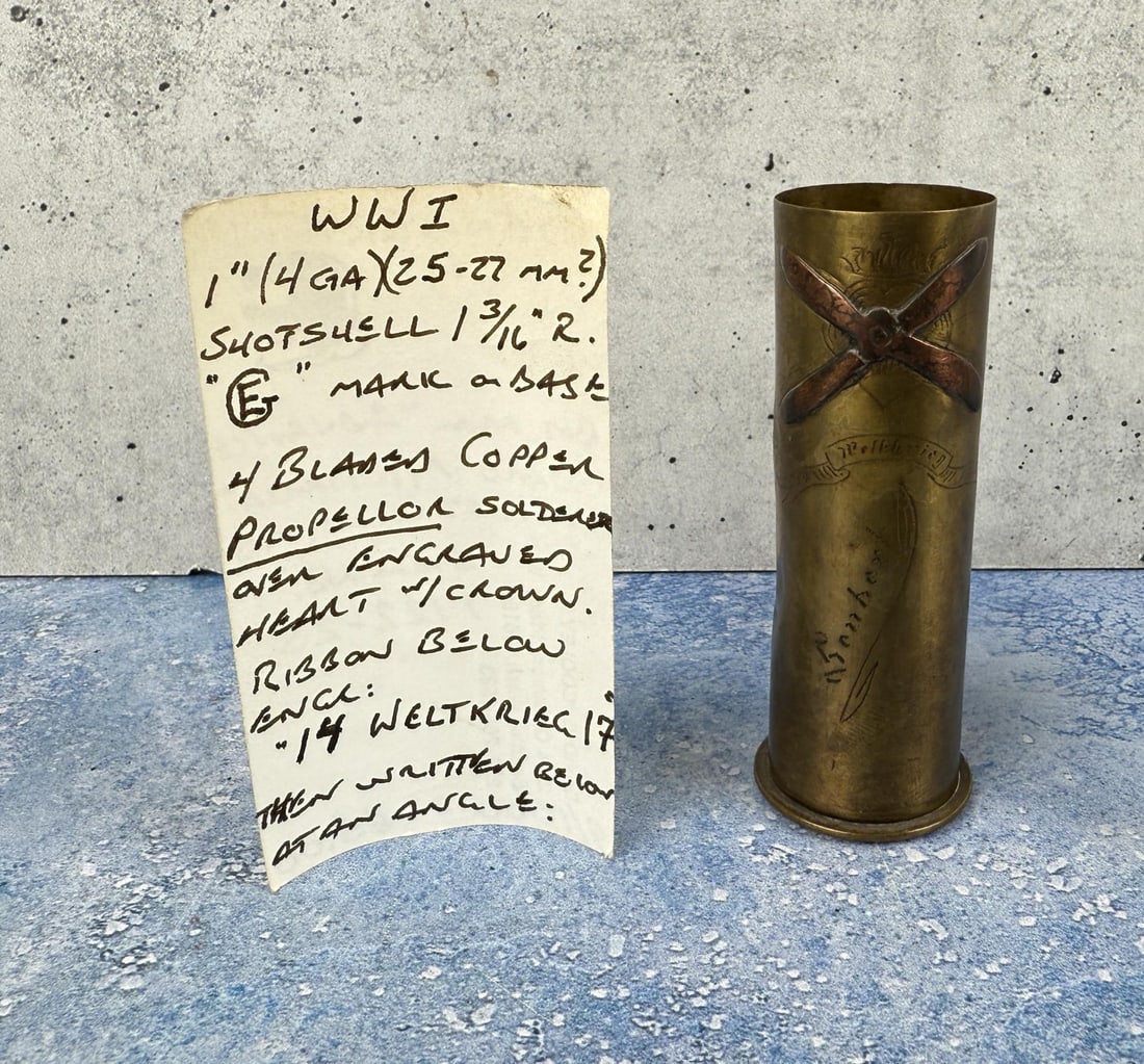 WWI WW1 German Aviator Brass Trench Art Vase: 3 1/2" tall by 1 1/8" in diameter.