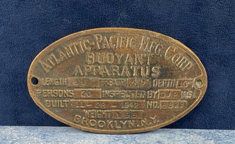 Atlantic Pacific Buoyant Apparatus Life Boat Plate