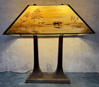 Bronze Stained Glass African Painted Shade Lamp