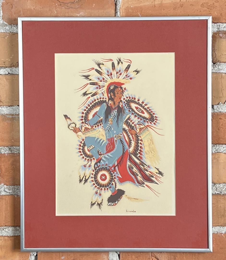 Woody Crumbo Crow Dancer Serigraph Print: 16 3/4" by 13 3/4" framed.