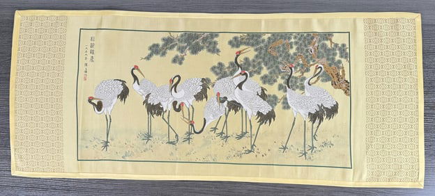 Chinese Cranes Print on Silk