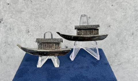 Japanese Sterling Silver Boat Salt Pepper Shakers